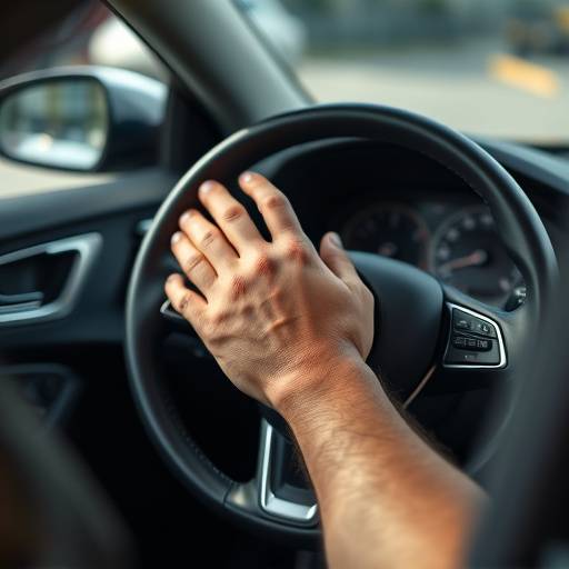 A driving instructor demonstrating proper hand placement on the steering wheel in a Sydney Driving Academy car.