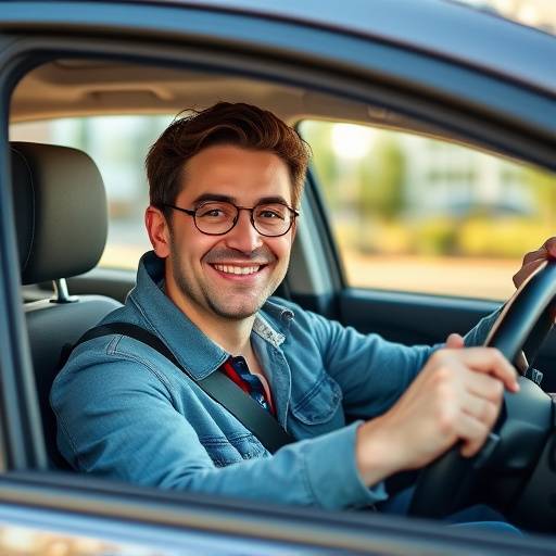 Sarah Chen, a driving instructor, smiling while sitting in a car with adaptive equipment.